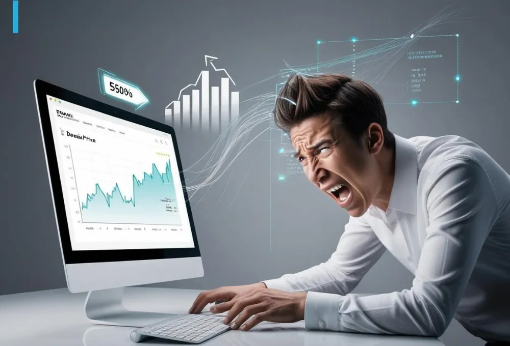 Man frustrated by stock market trends on computer.