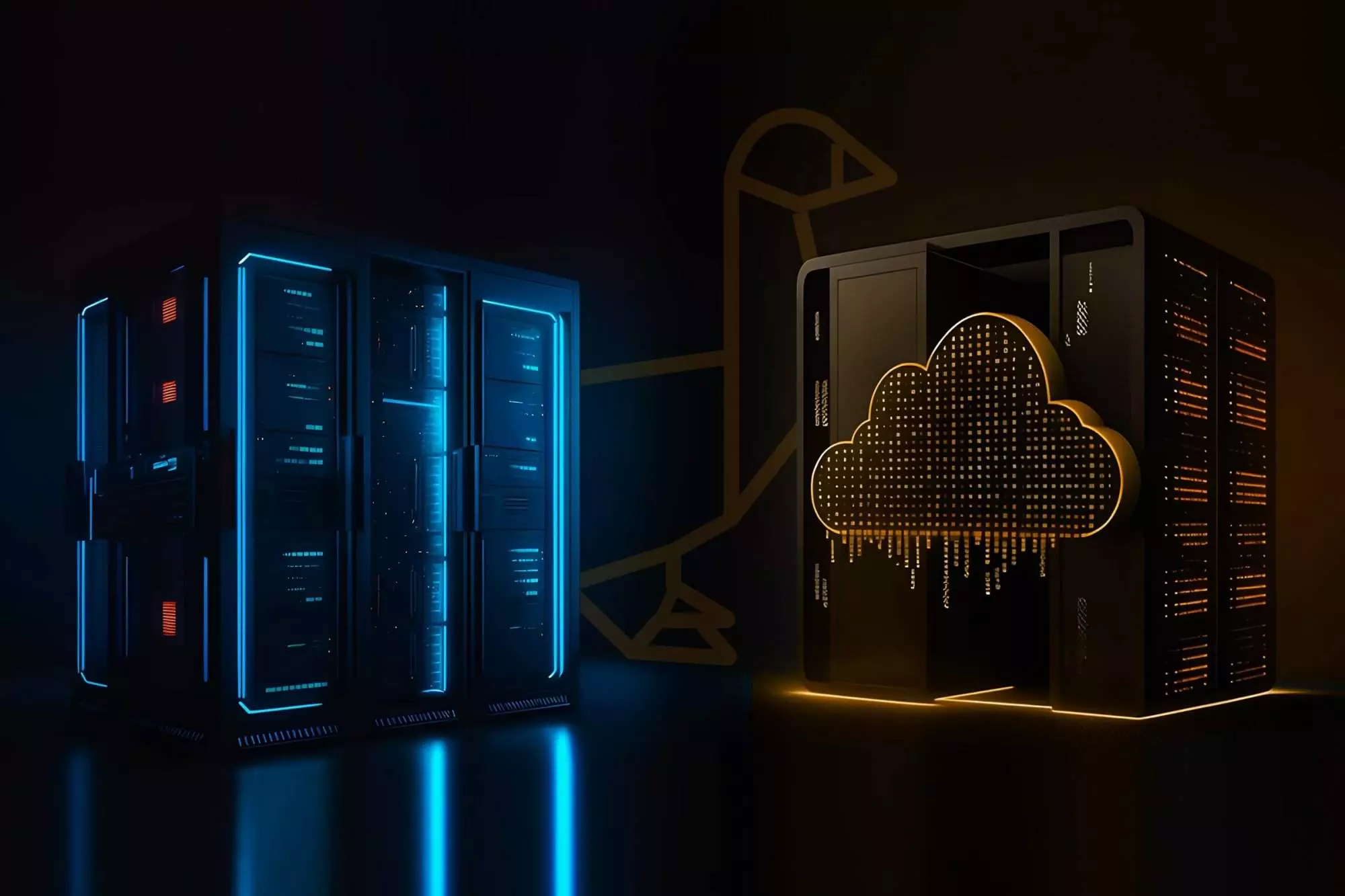 Comparison of Azure cloud hosting vs traditional server hosting in a futuristic digital background.