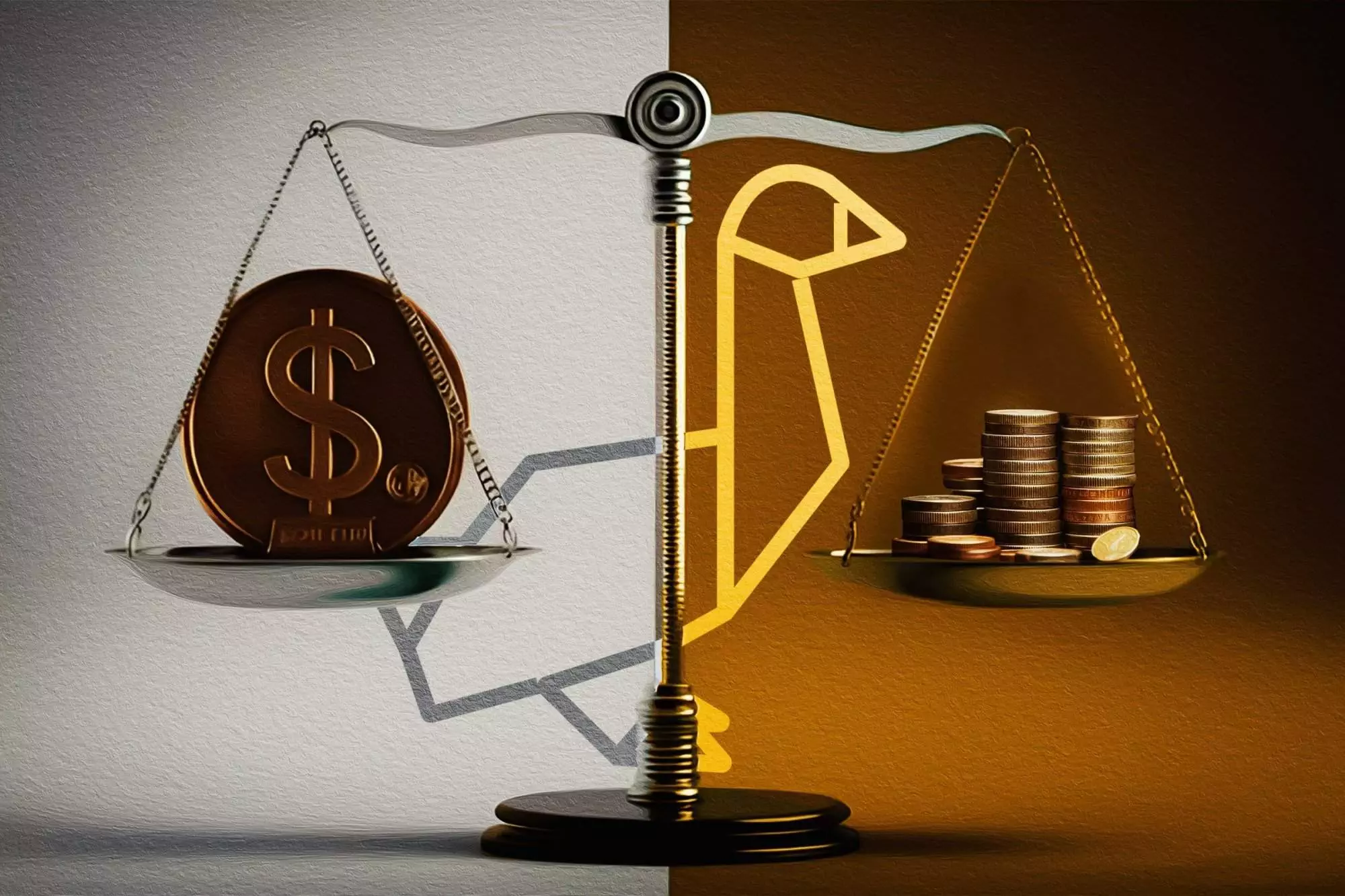 Balanced scale representing cost reduction for healthcare providers, with dollar sign on one side and stacked coins on the other.