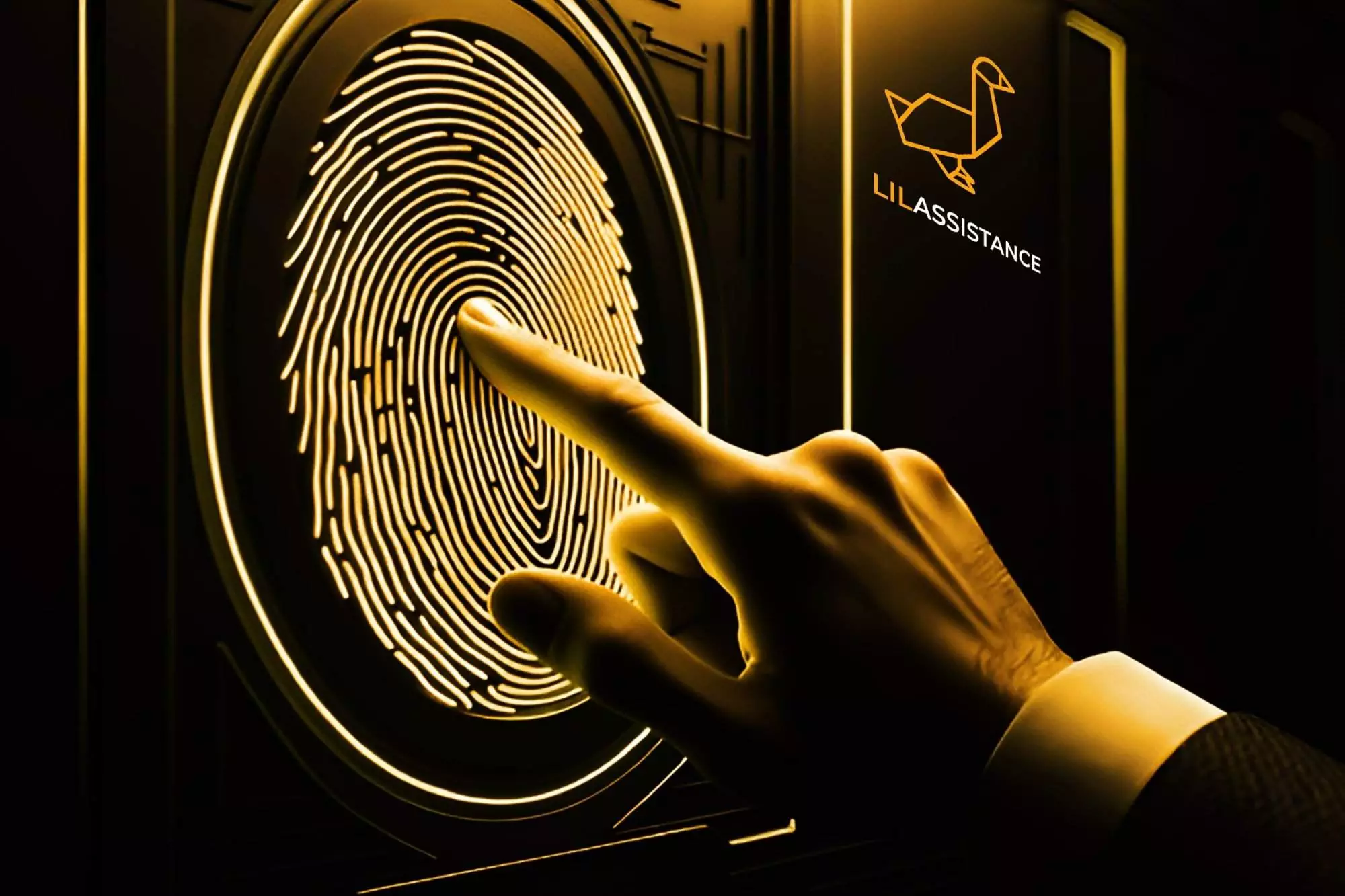 Close-up of a finger tapping a golden fingerprint scanner, symbolizing secure business registration.