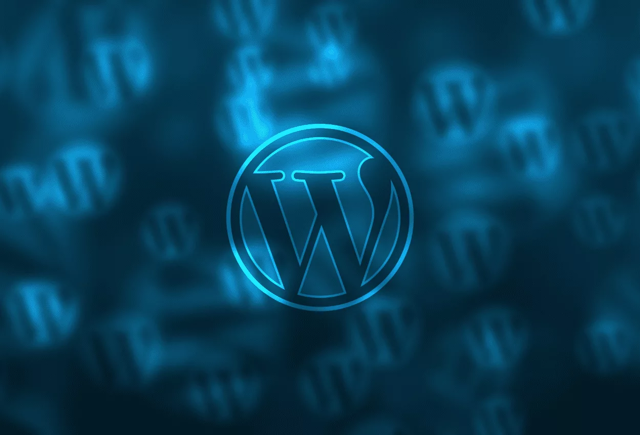 Glowing WordPress logo on a blue digital background
