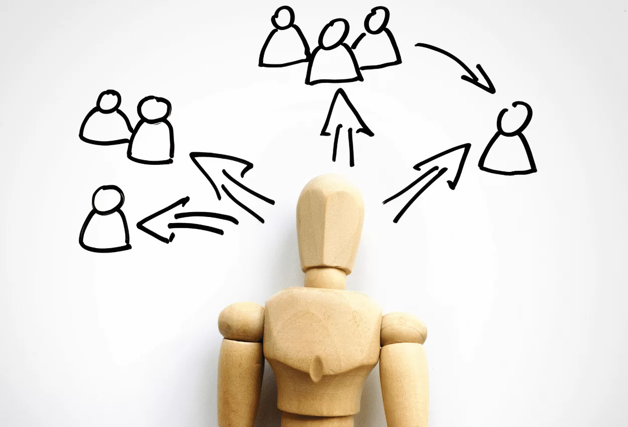 Wooden mannequin with illustrated arrows and groups representing network or communication flow.