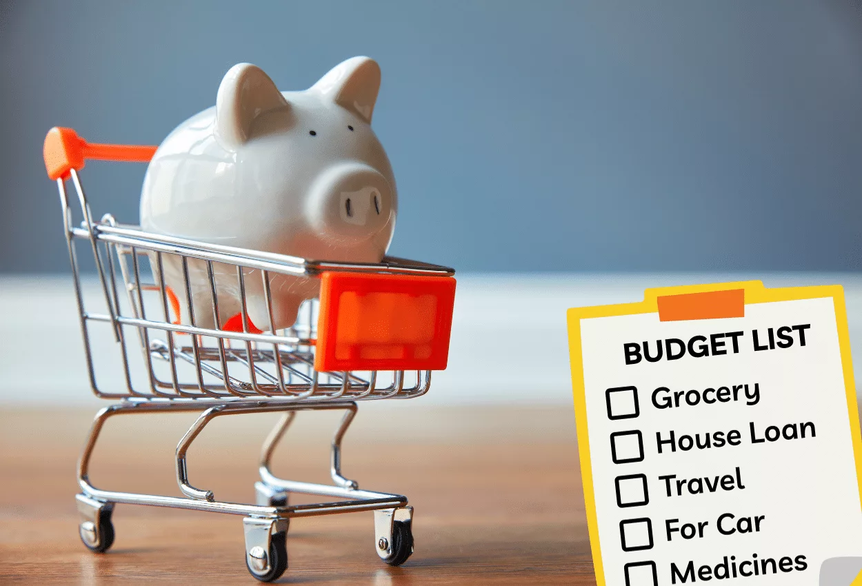 Piggy bank in shopping cart next to a budget list for effective financial planning.