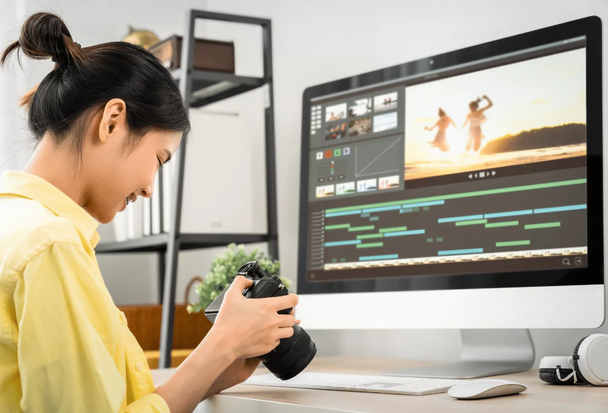 Person editing video on desktop computer while holding a camera