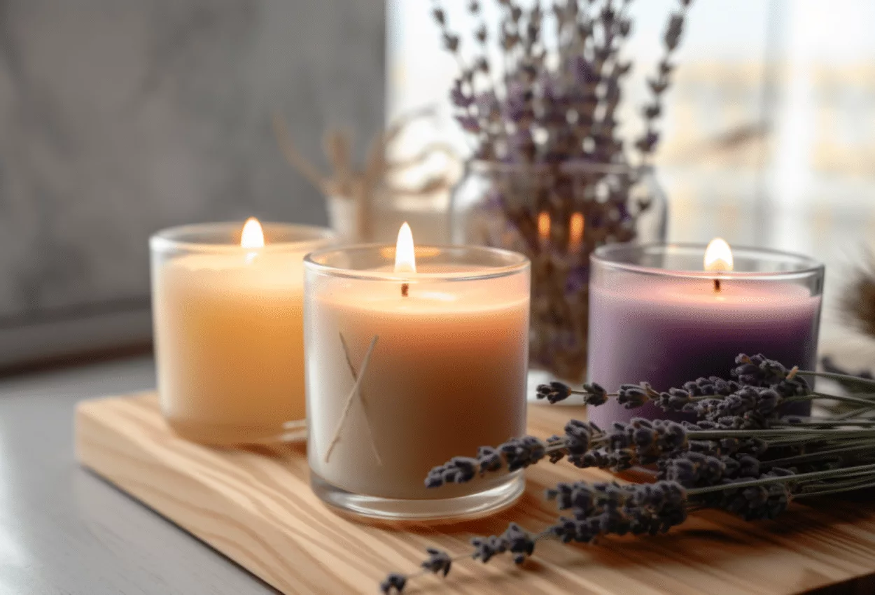 Three scented candles in glass jars on a wooden tray, surrounded by dried lavender, showcasing print on demand candles.