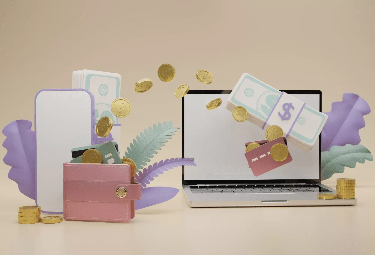 Animated depiction of financial success with money, coins, credit cards, and a laptop.