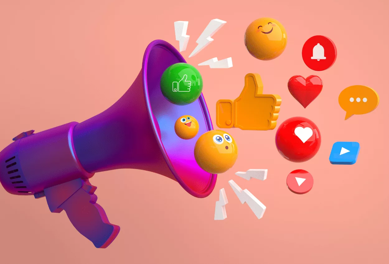 Digital megaphone with vibrant social media icons on a peach background.