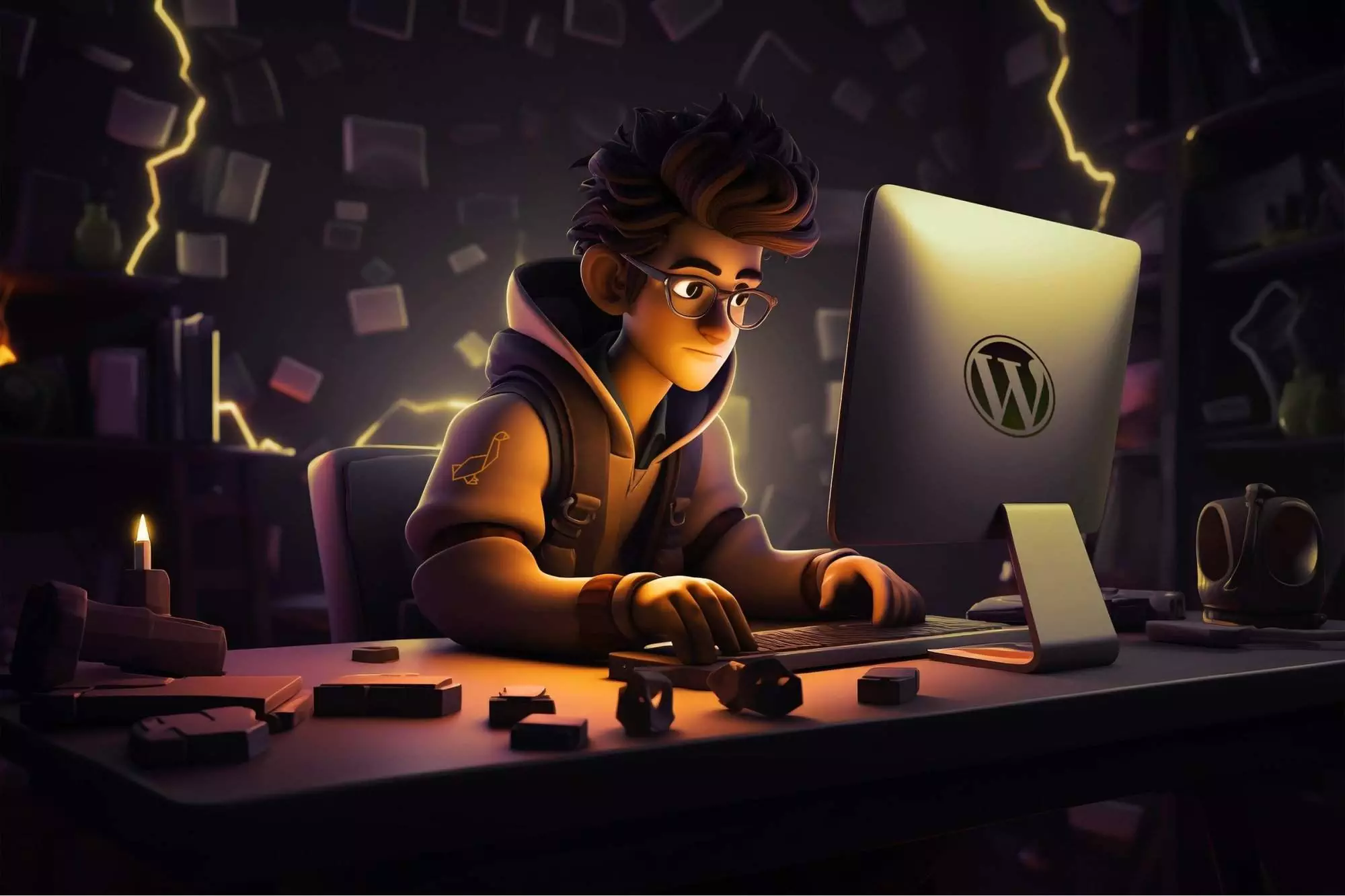 Animated developer working on a WordPress site in a dimly lit room, surrounded by floating screens.