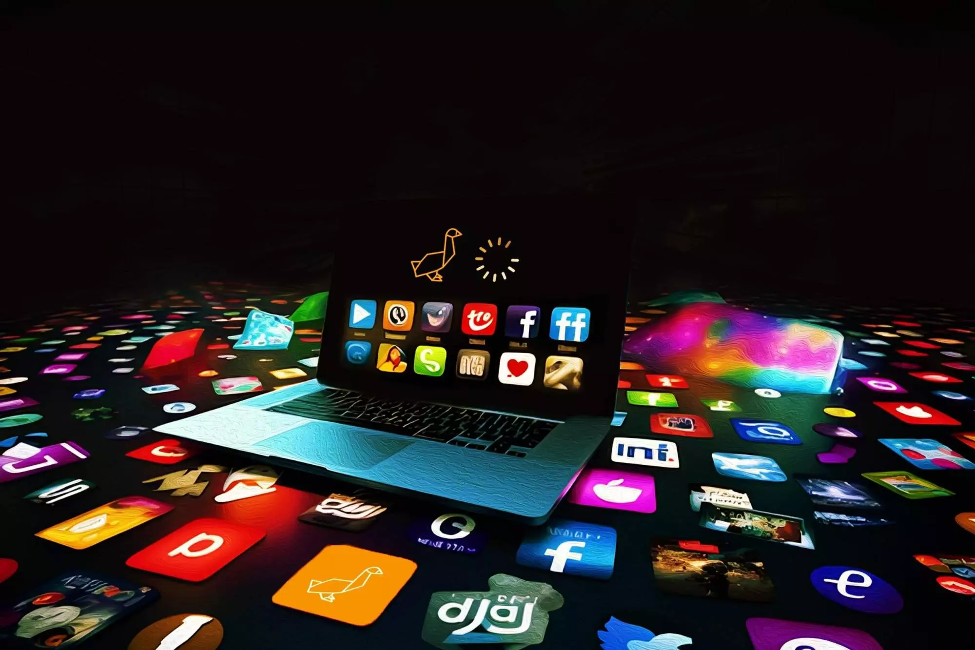 A laptop surrounded by a colorful array of social media icons, showcasing the digital tools used by a virtual assistant for social media.
