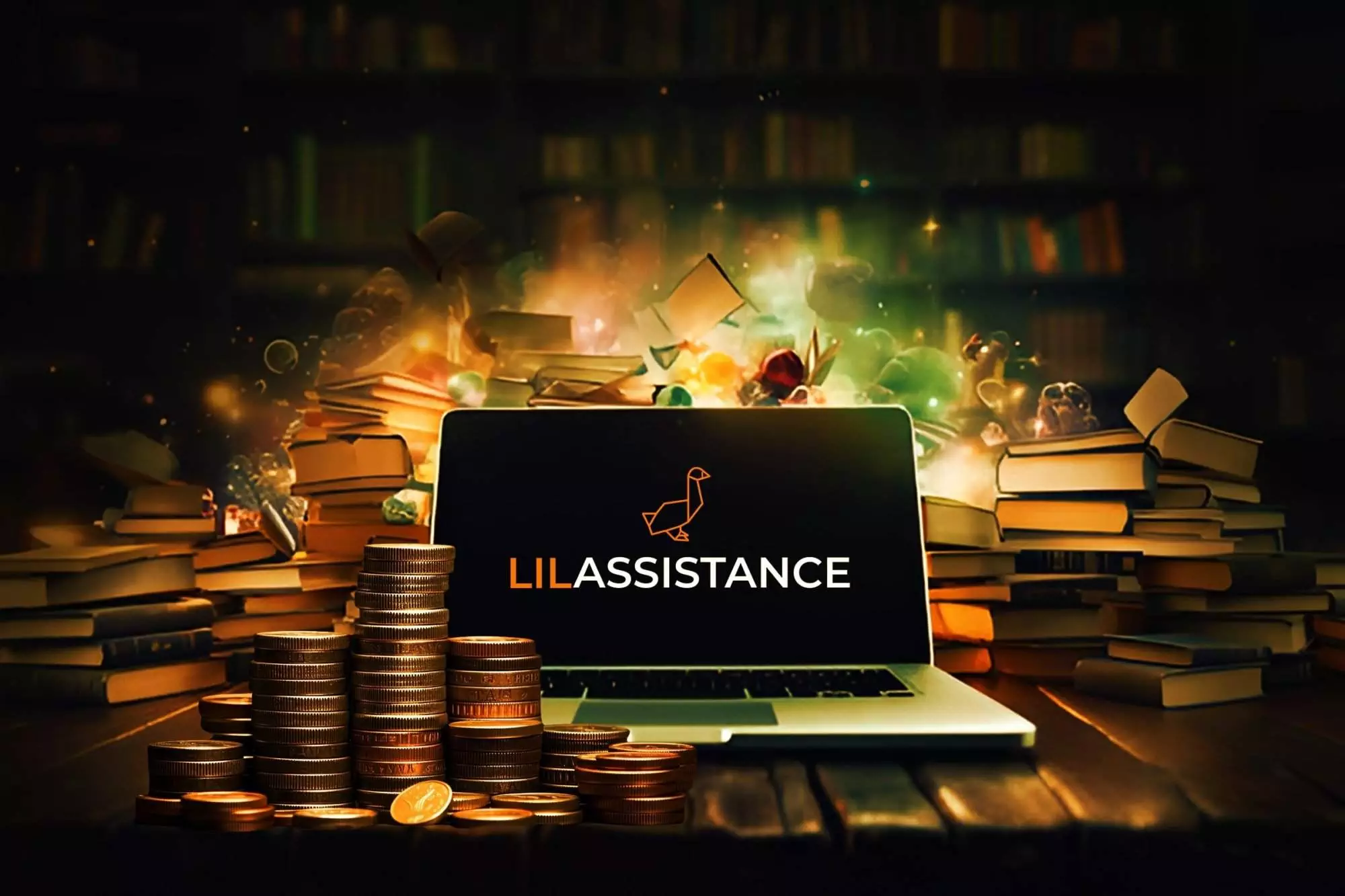 Pile of books and coins surrounding a laptop displaying Lil Assistance logo, symbolizing a successful ebook writing