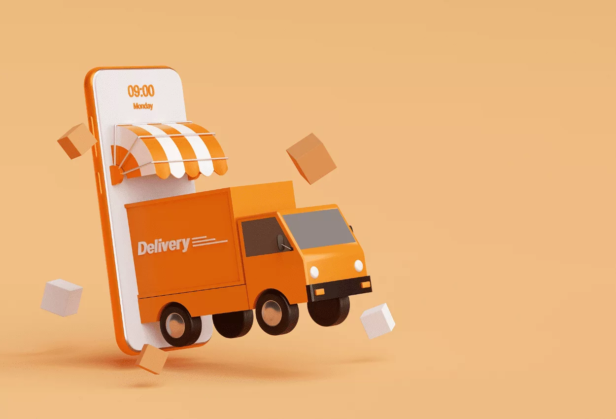 3D illustration of delivery truck emerging from mobile phone for best e-commerce website design.