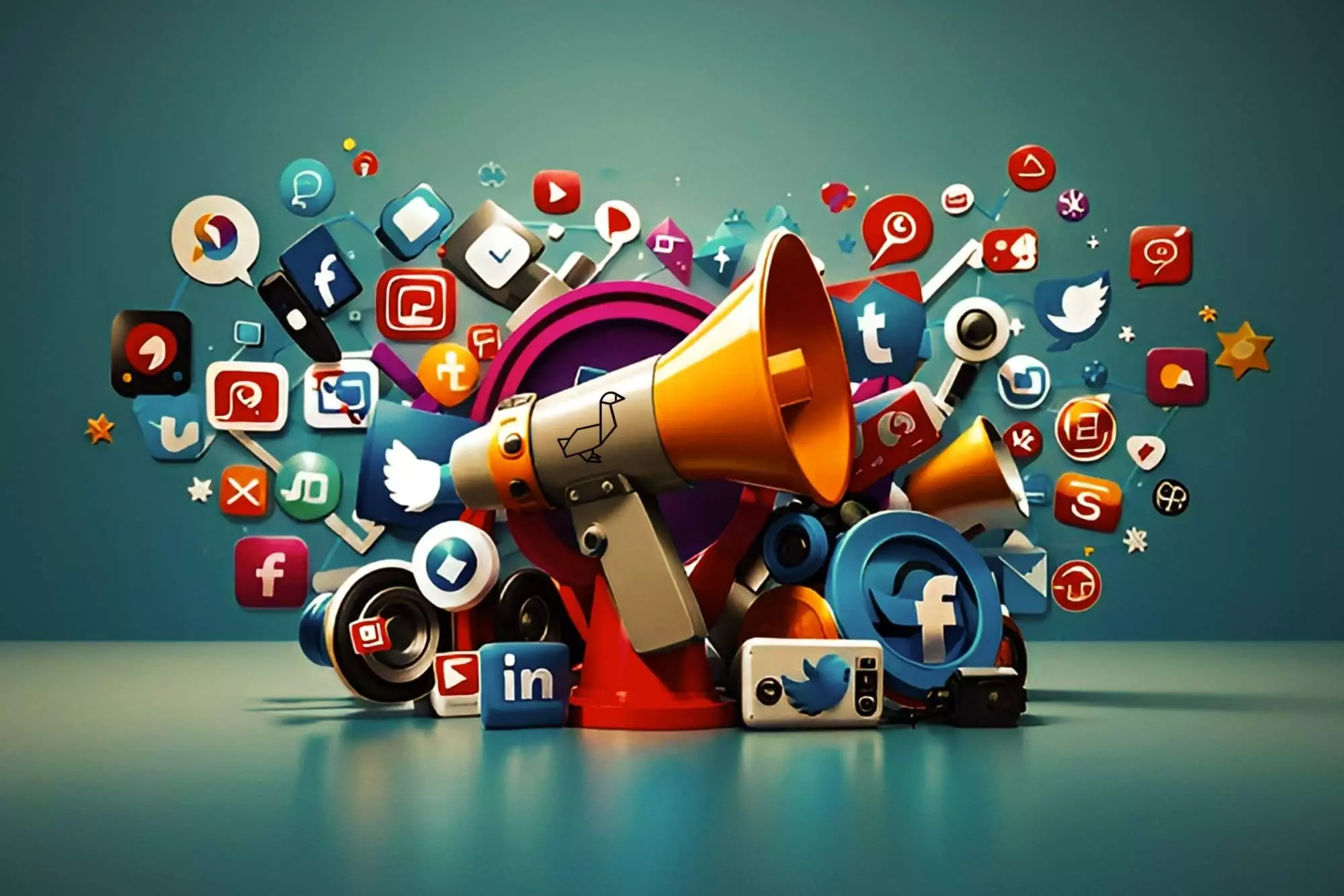 Digital marketing strategy represented by a megaphone surrounded by social media icons.