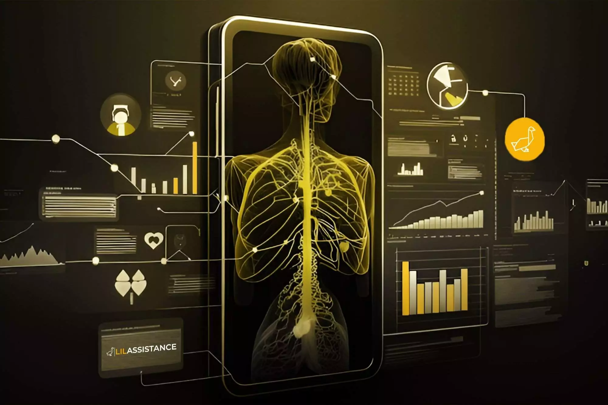 Medical outsourcing concept with digital health data visualizations on a smartphone.