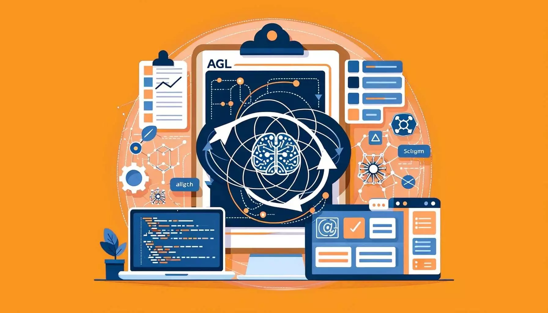 Illustration of Agile and AI software development with laptops, charts, and artificial intelligence symbols.