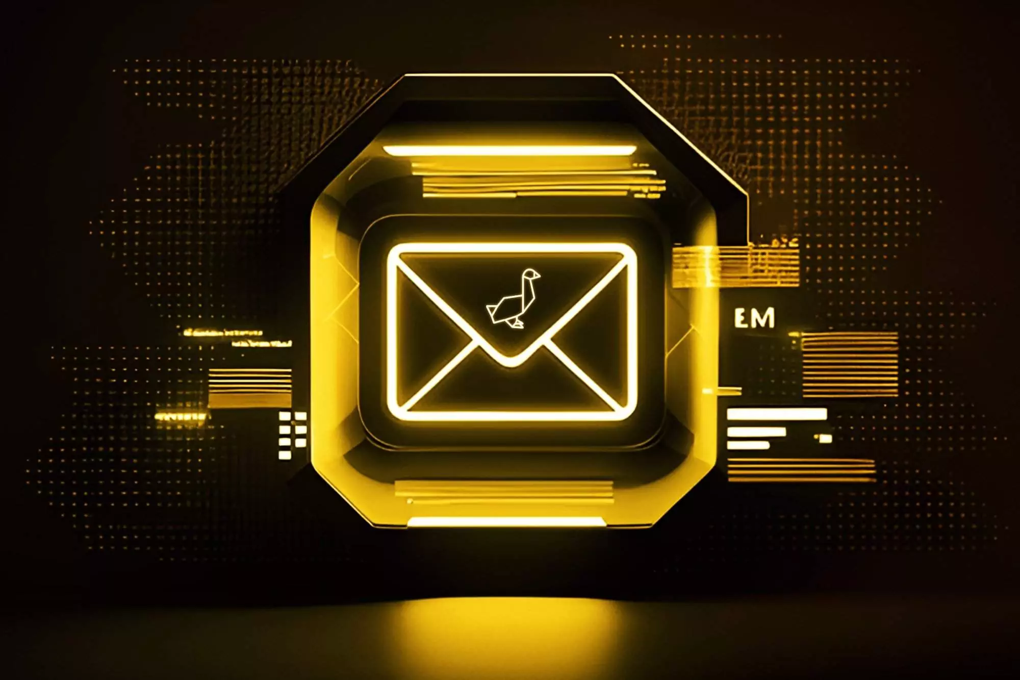 Ai-generated email newsletter concept with a neon envelope icon on a dark digital background.