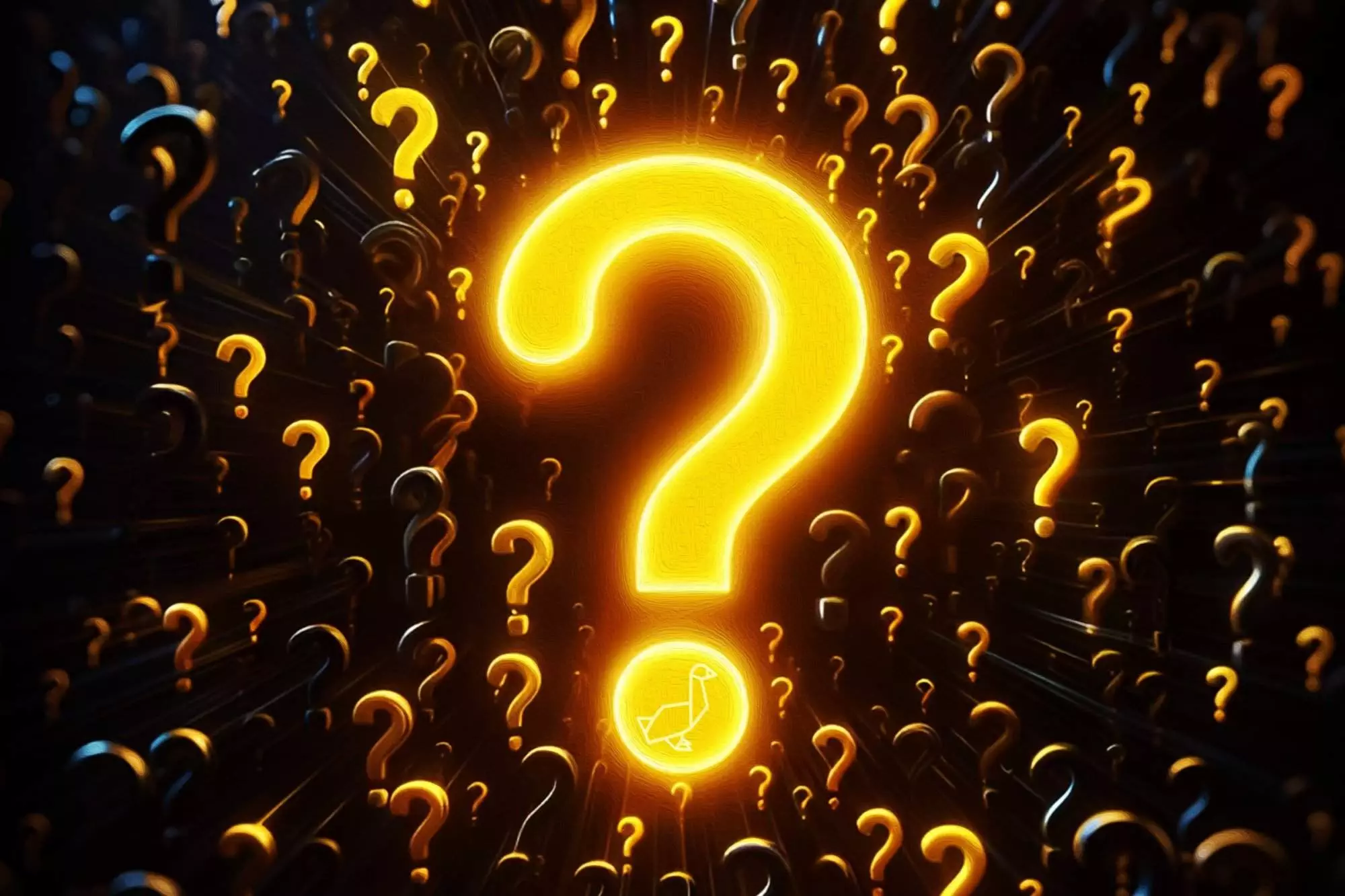 Glowing golden question mark in a dark background surrounded by smaller question marks.