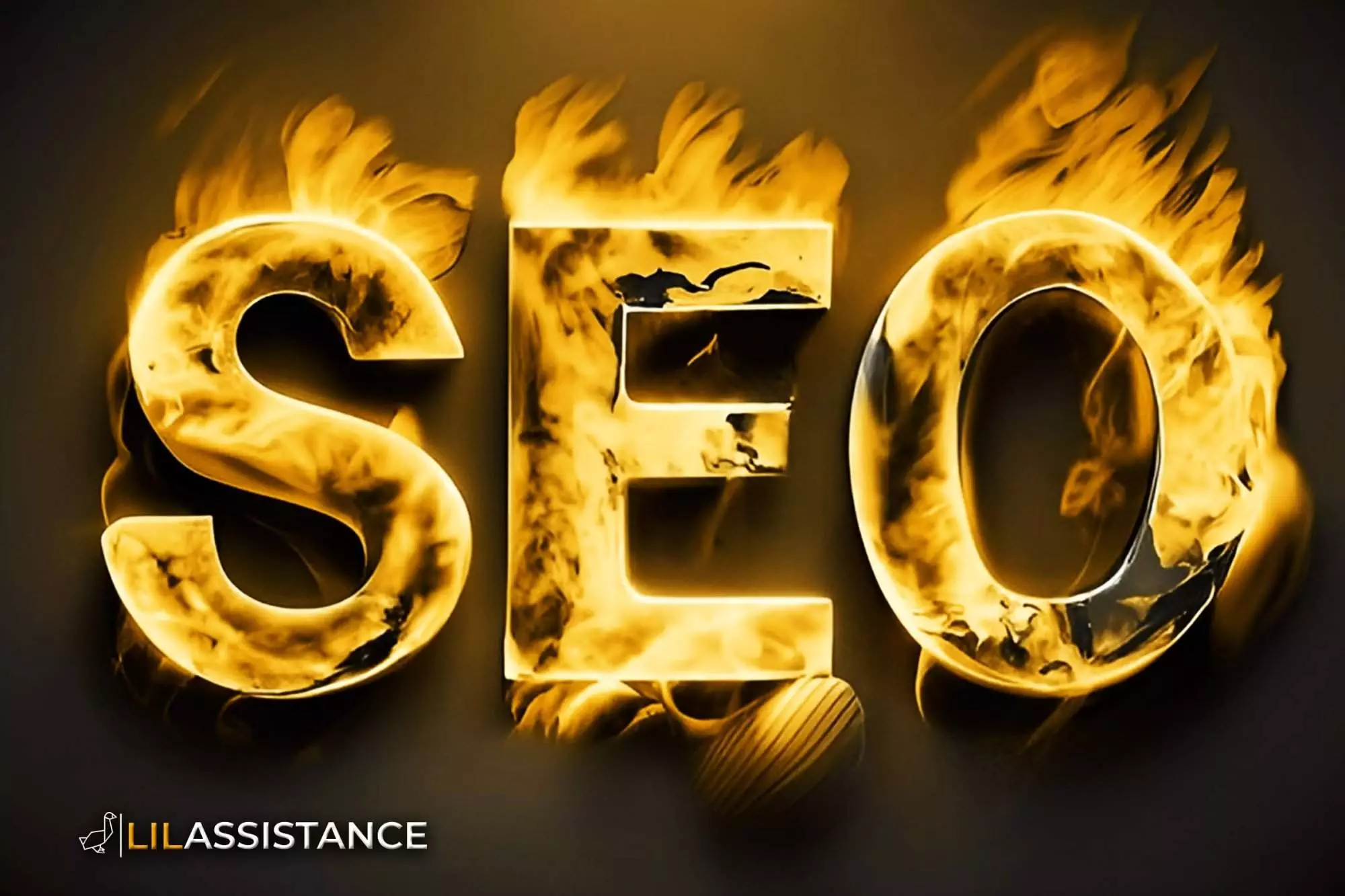 Fiery SEO text with flames in the background and LilAssistance logo.