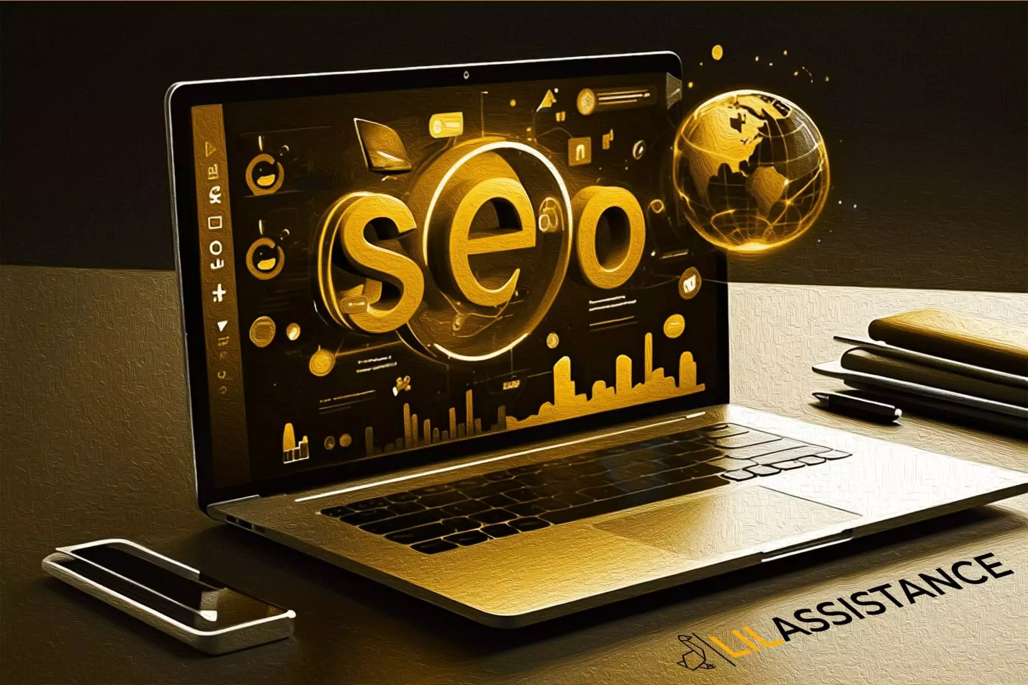 Laptop displaying SEO tools with global impact visuals and Lil Assistance branding