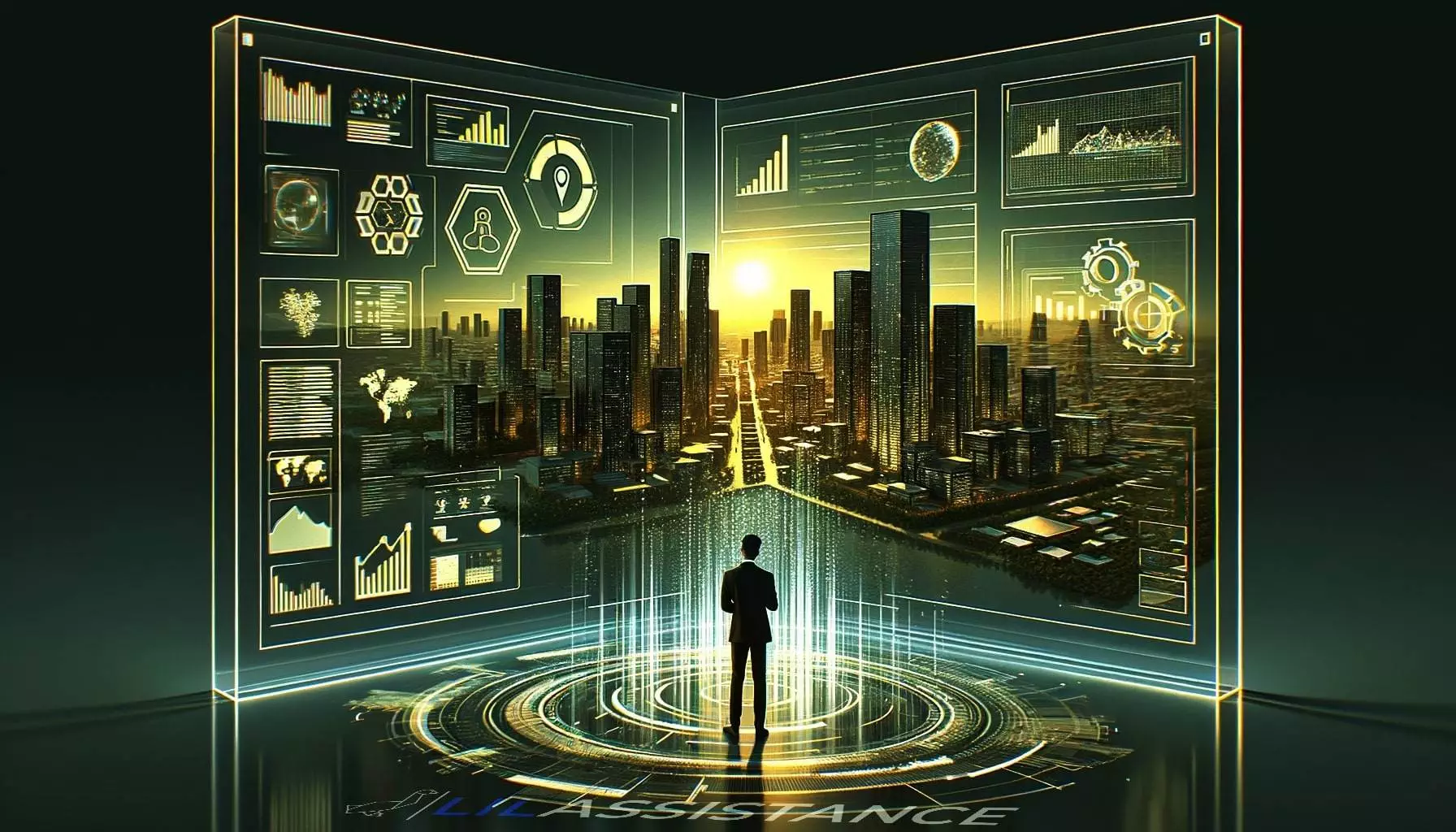 Businessman stands before a virtual interface displaying city skyline and data analytics, representing the benefits of outsourcing for real estate startups.