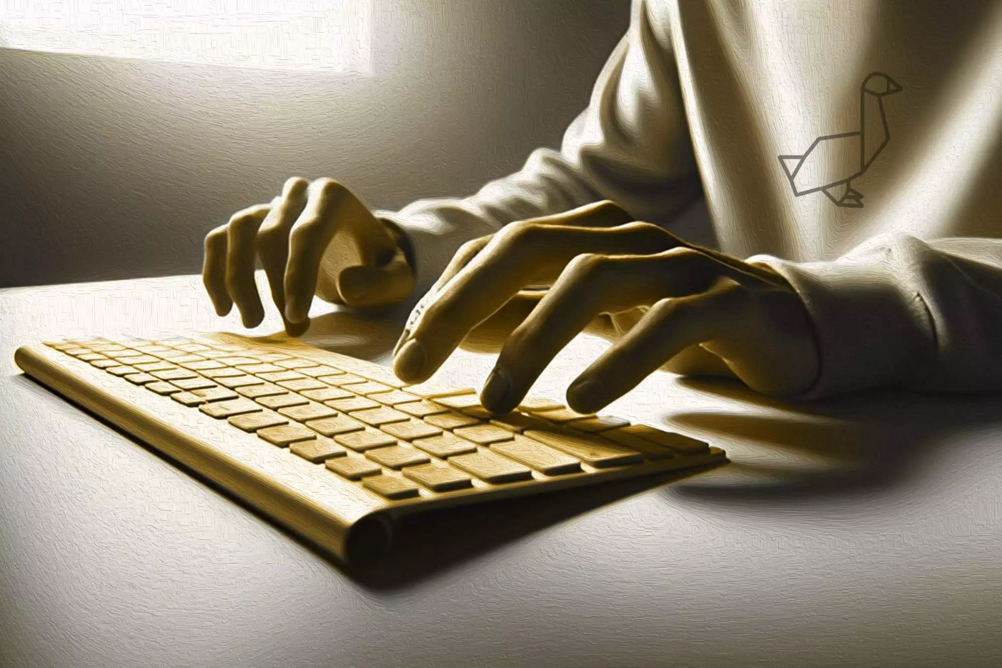 Hands typing on a sleek keyboard in a sunlit room, symbolizing the process of creating a writing style guide.