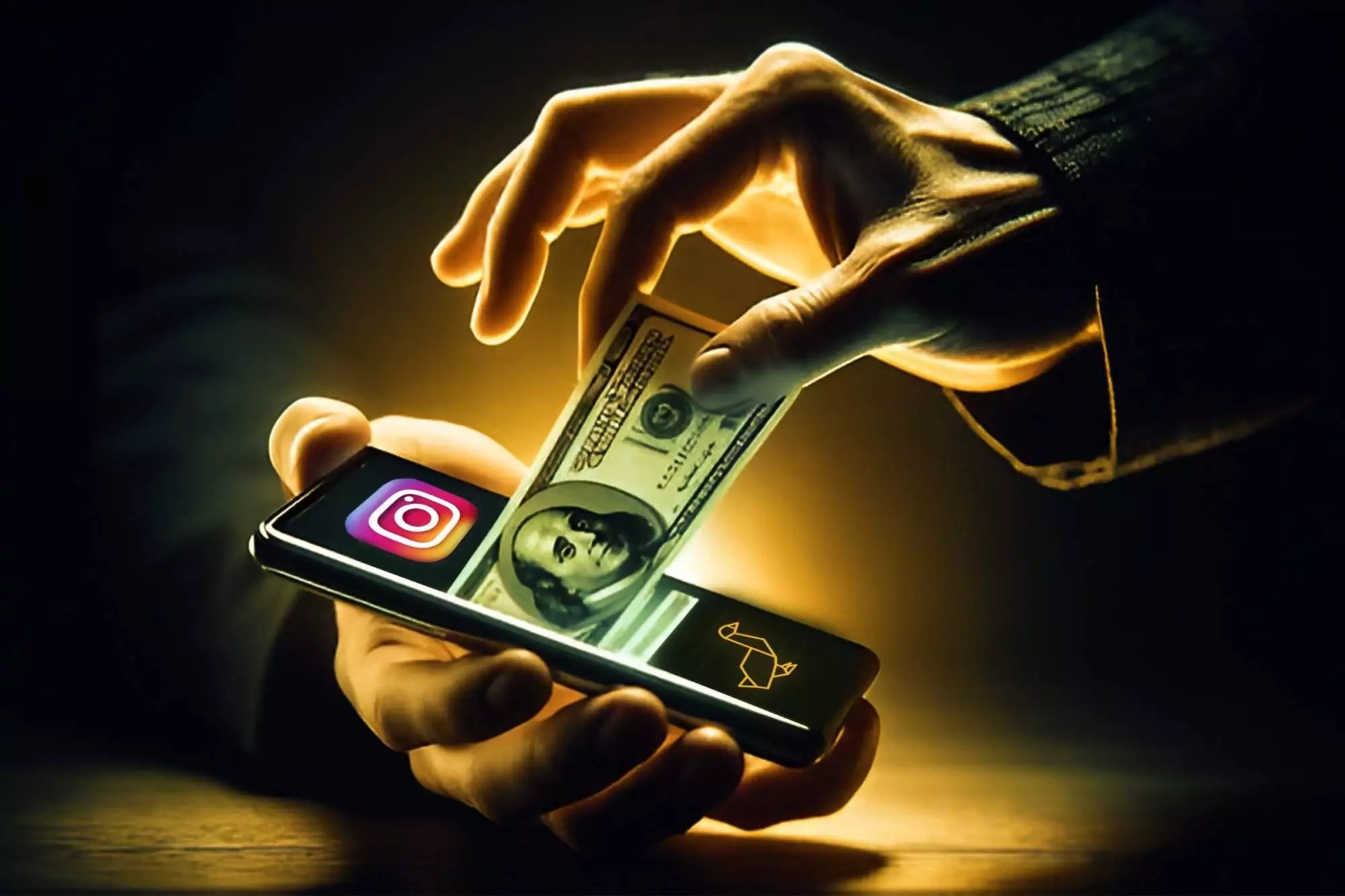 Hands exchanging money over a smartphone with Instagram icon