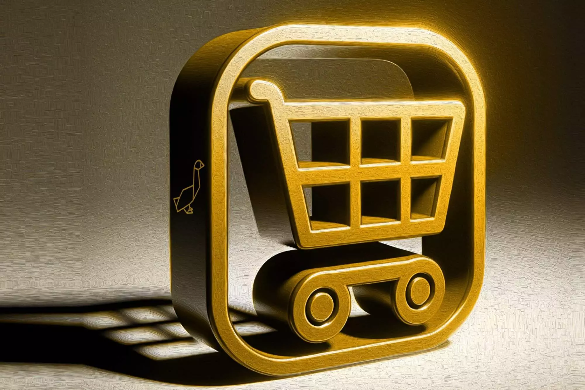 Golden shopping cart icon on a dark background, symbolizing the potential to start an Etsy shop with minimal investment.