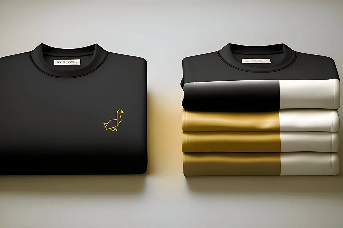 Black T-shirt and stacked colored shirts displayed.