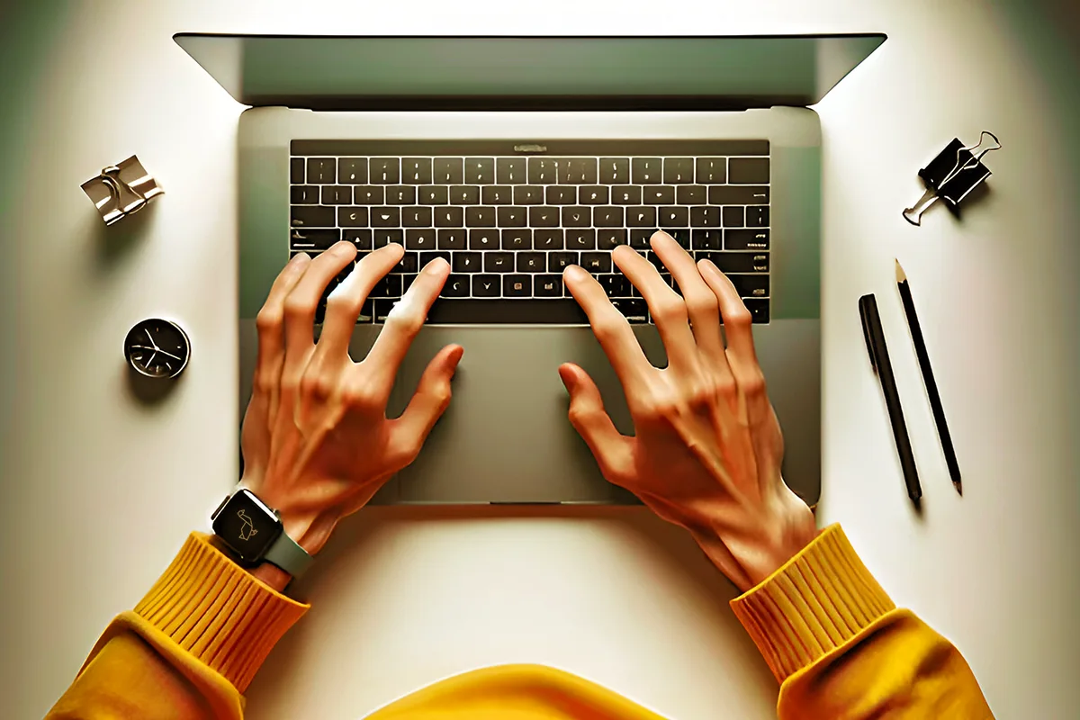 Hands typing on laptop in bright workspace