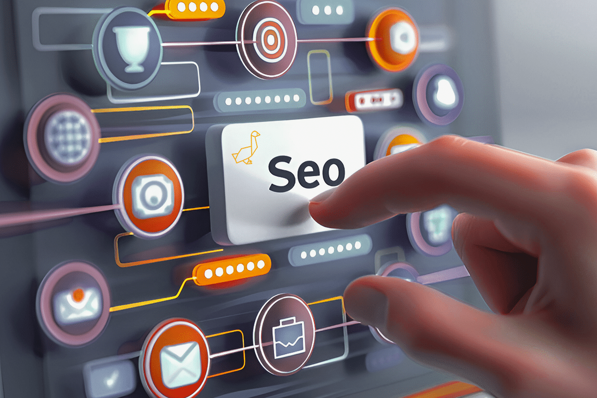 Hand pressing SEO button on digital screen