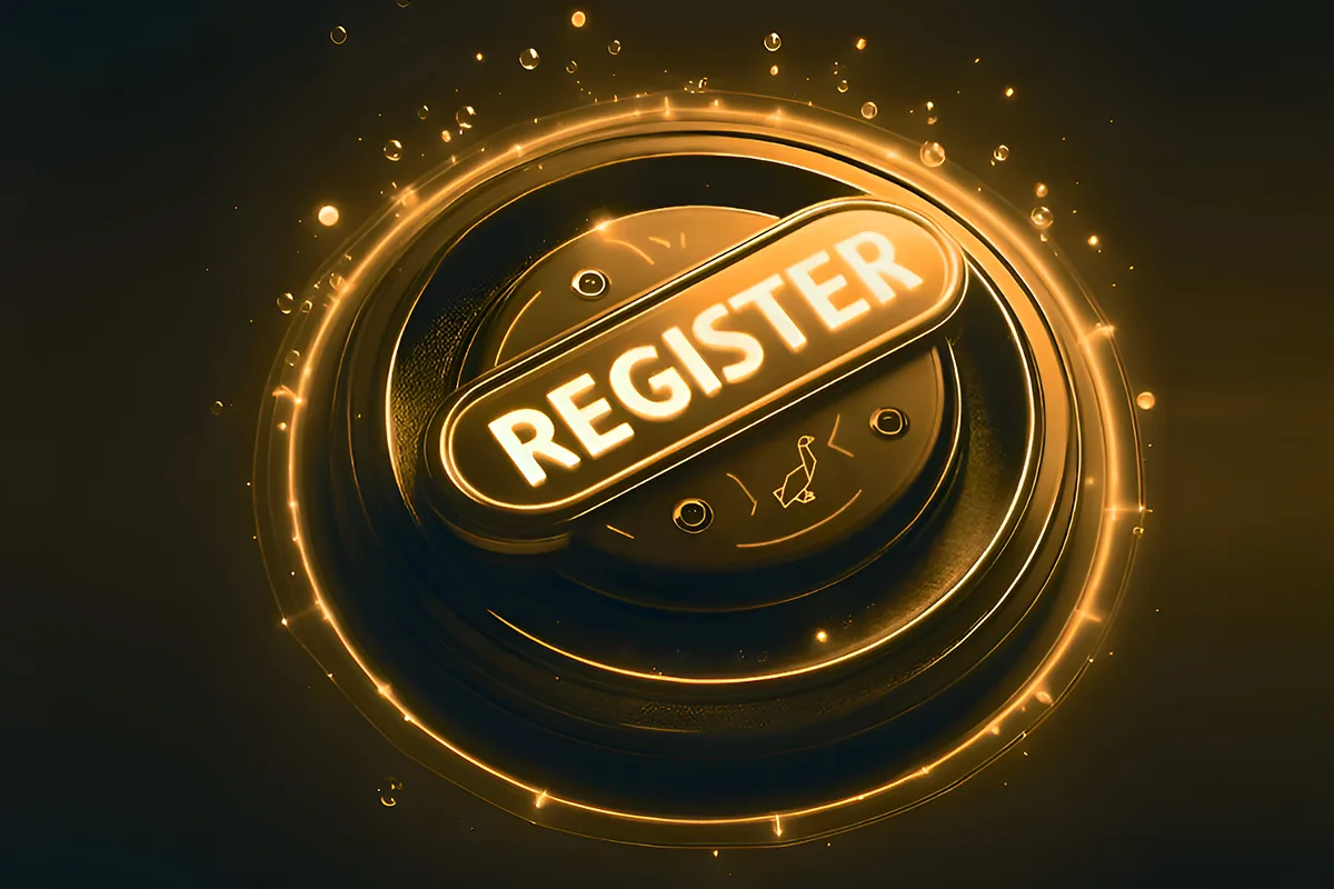 Glowing 'Register' button on dark backdrop.