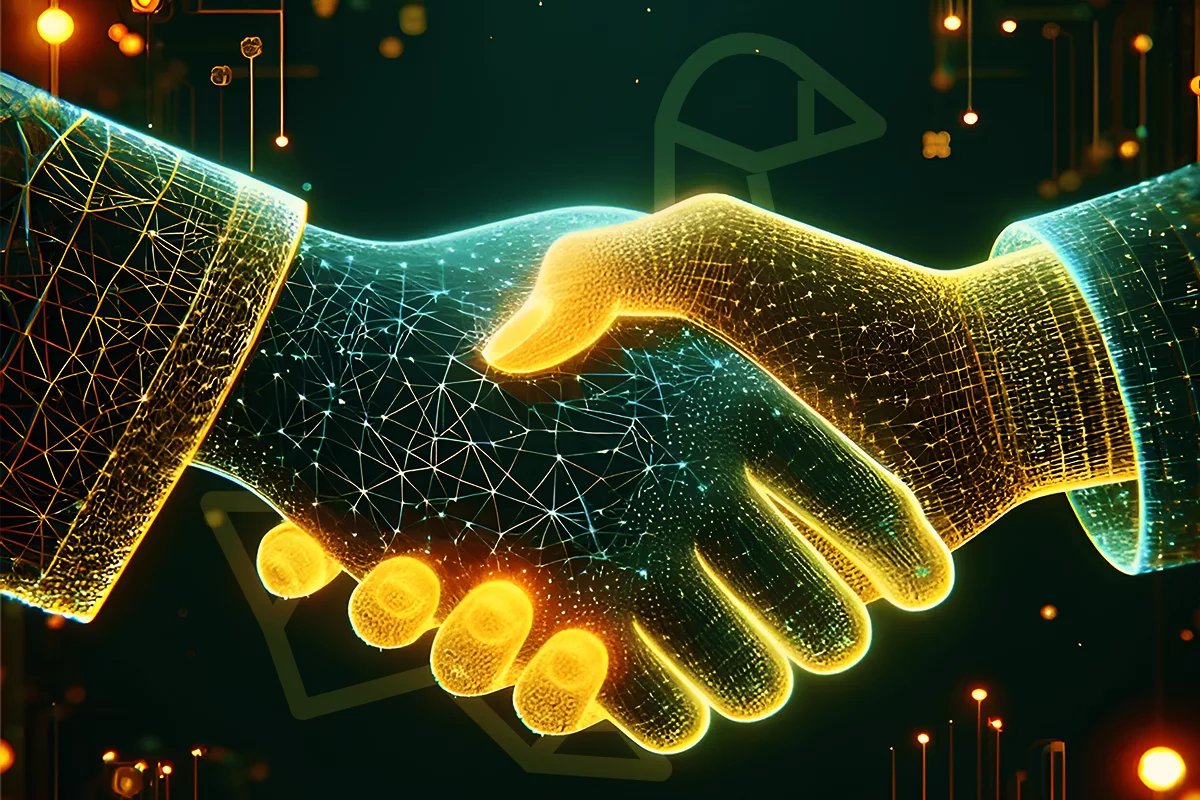 Futuristic handshake symbolizing digital business deals