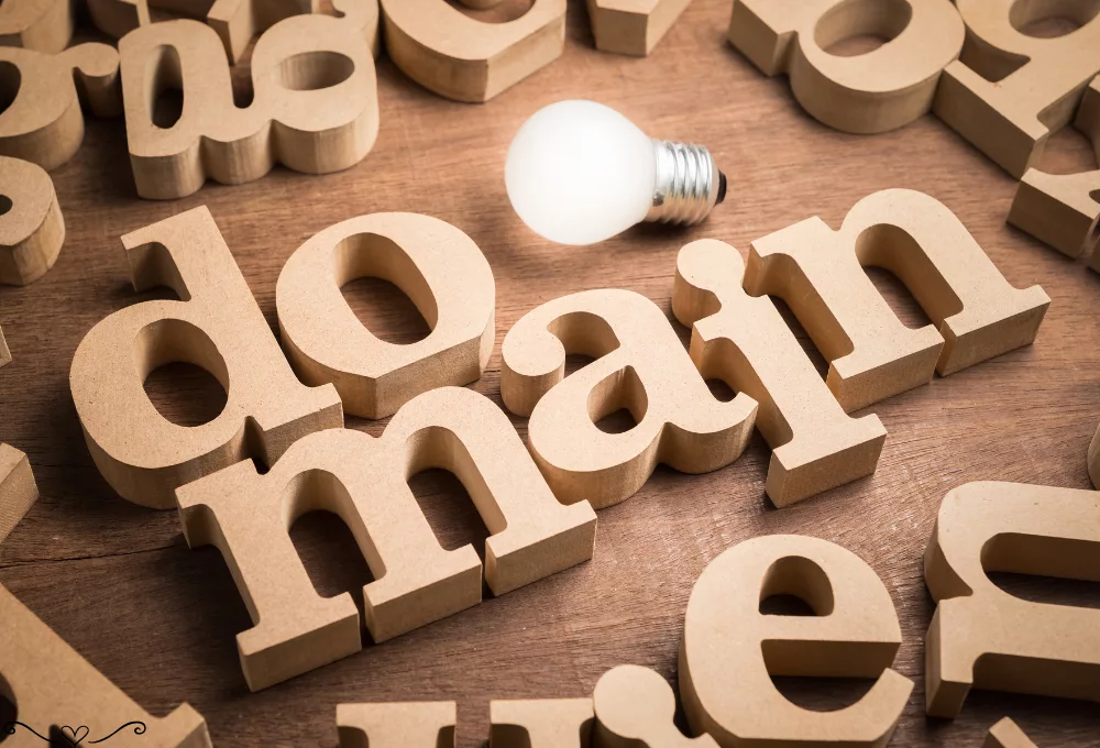 Wooden letters forming the word 'domain' with light bulb.