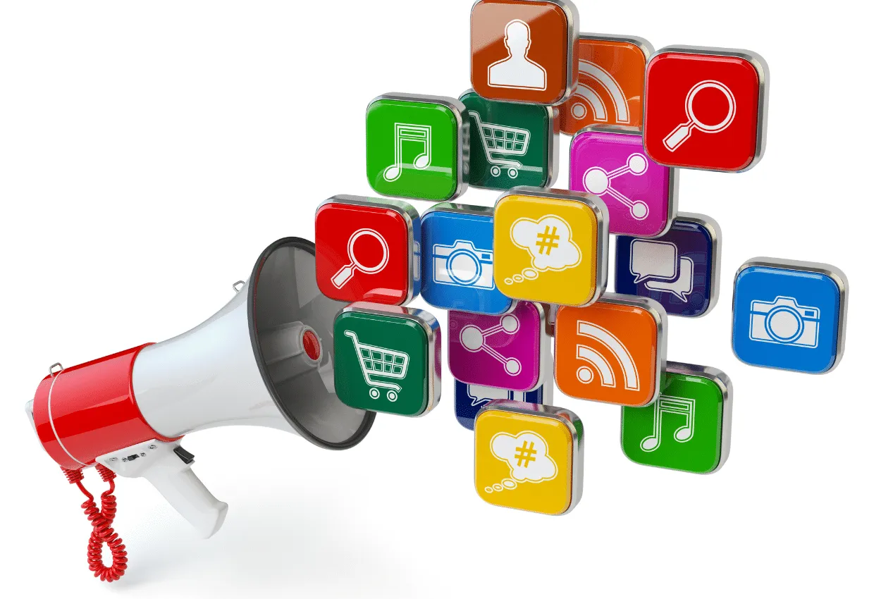 Colorful digital marketing icons with a megaphone