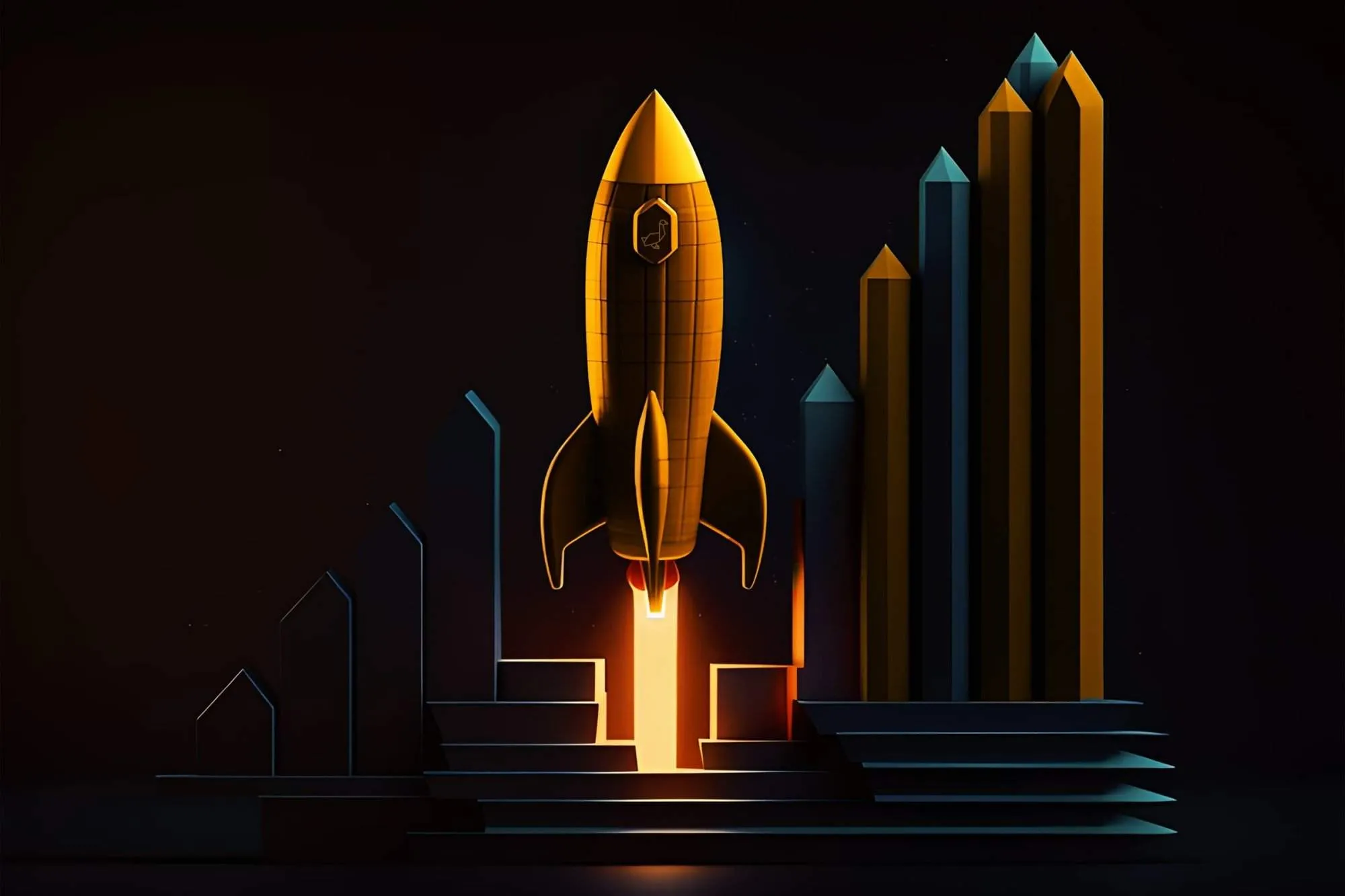 Rocket launch with rising business bar graphs