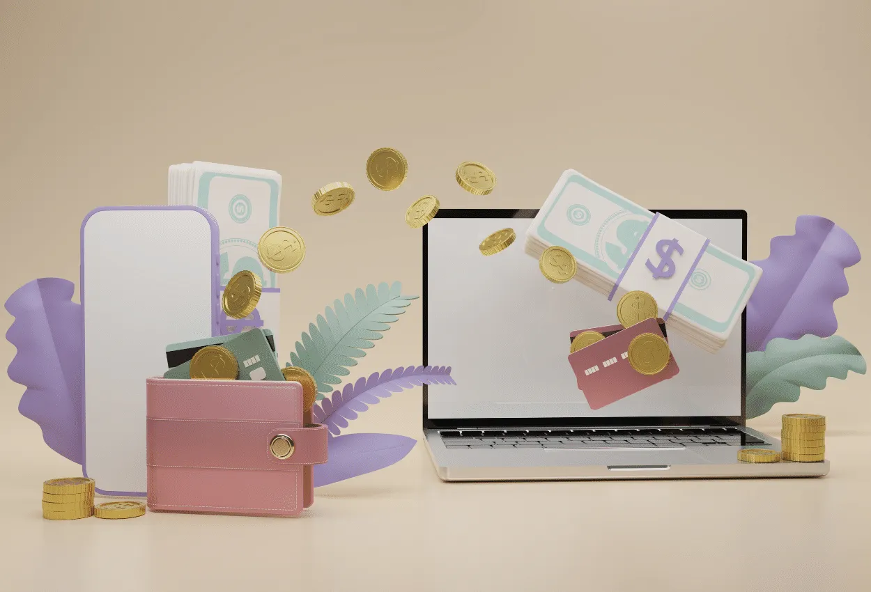 Animated depiction of financial success with money, coins, credit cards, and a laptop.