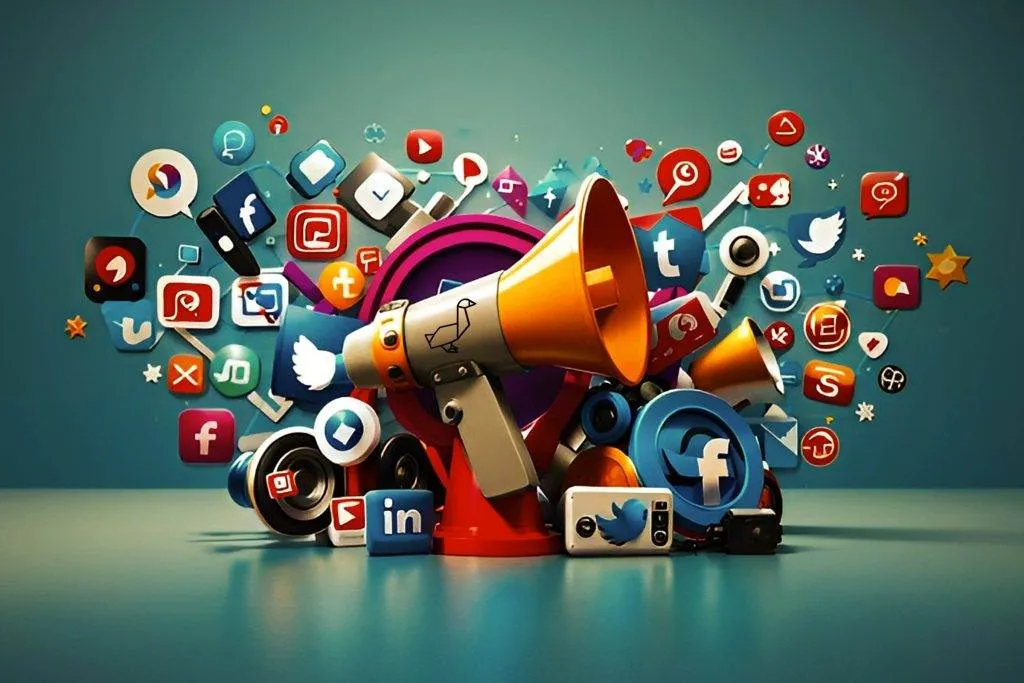 Digital marketing strategy represented by a megaphone surrounded by social media icons.