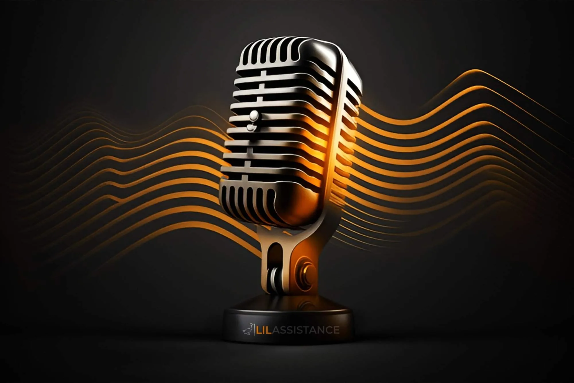 Vintage microphone with sound waves on a dark background, symbolizing Lil Assistance podcast