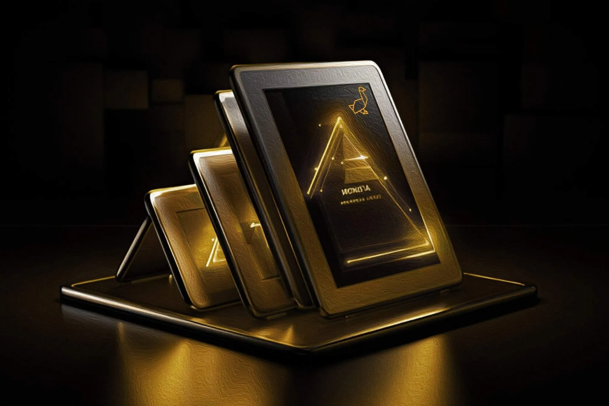 Tablets displaying eBook creator platform with a futuristic design.