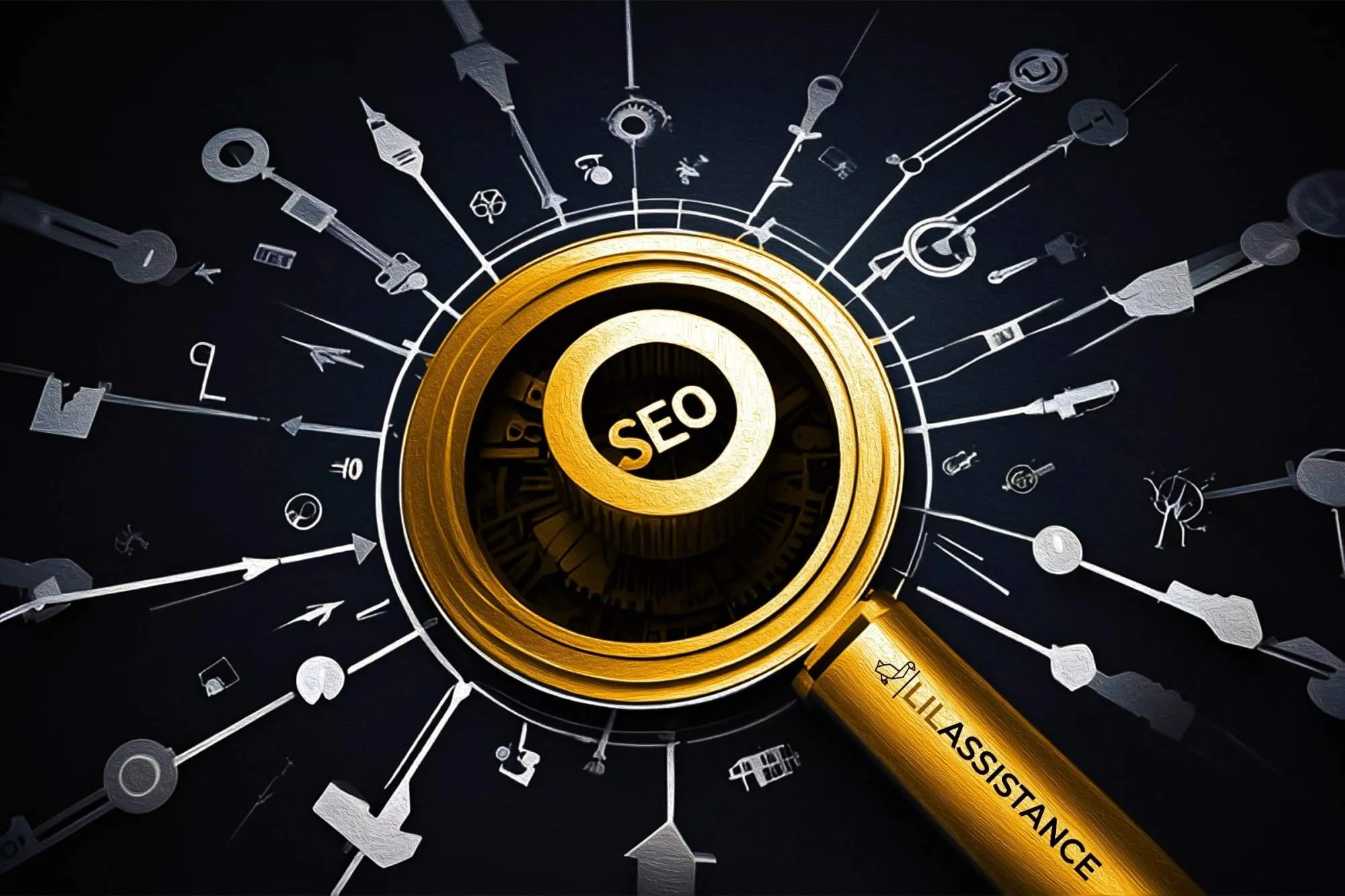 Magnifying glass labeled Lil' Assistance focusing on SEO strategies with various keyword icons surrounding it.
