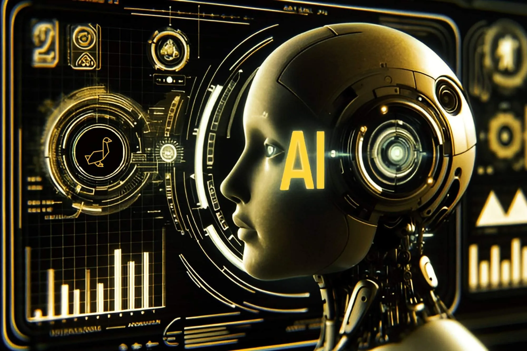Futuristic robot head with the text 