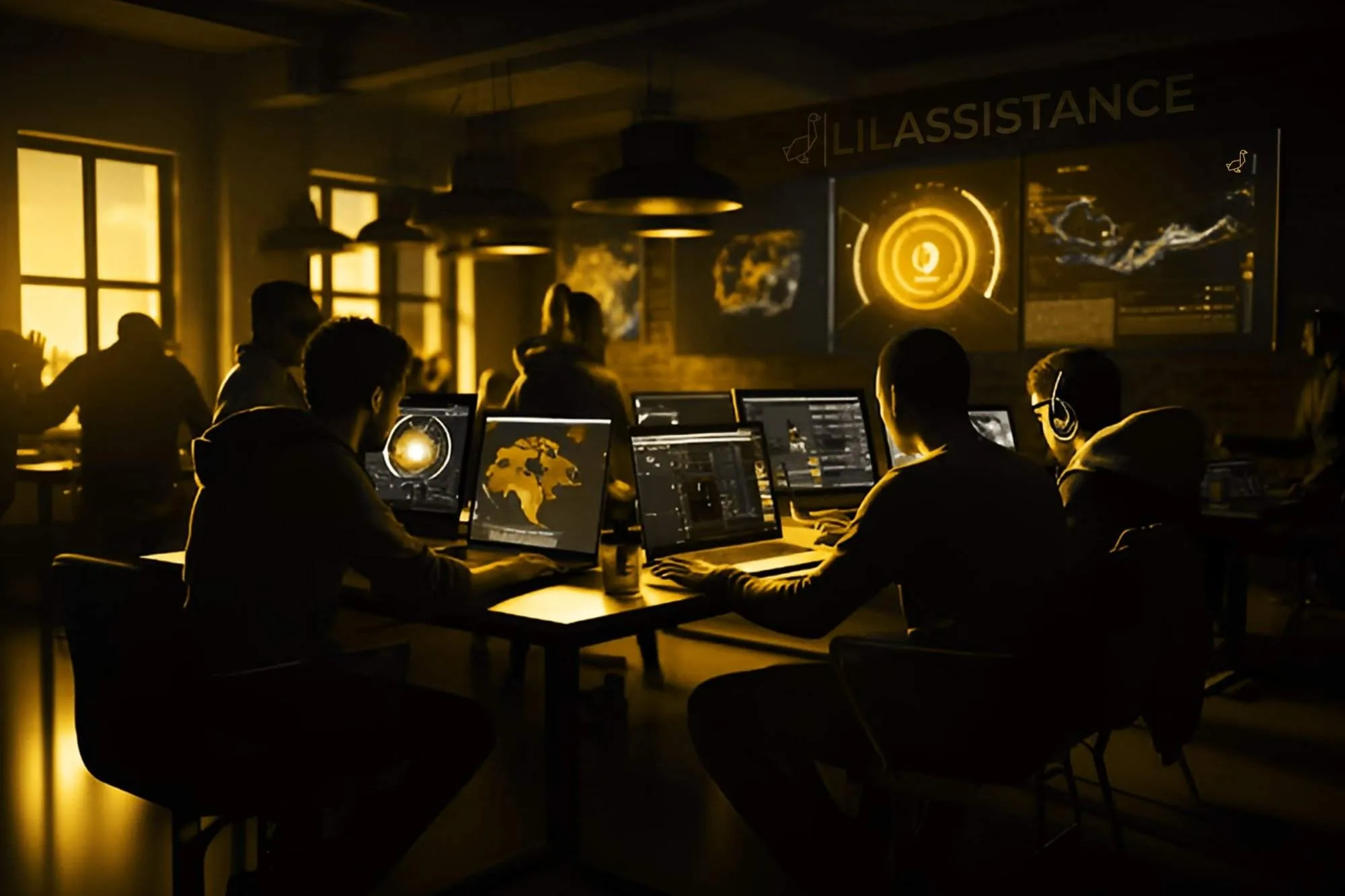 Software development team working on computers at night, focusing on data analysis and project management in an outsourcing environment.