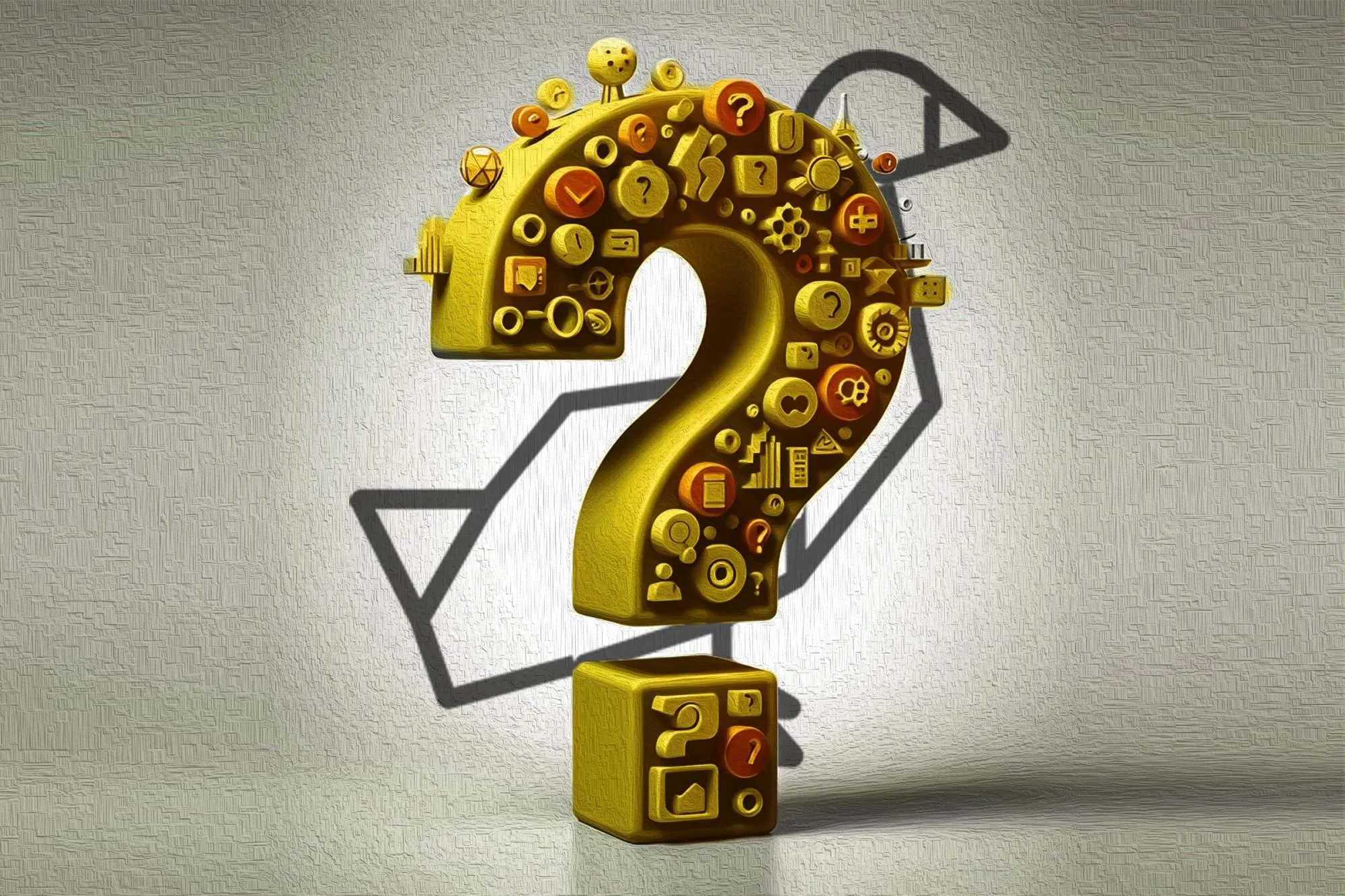 Golden question mark filled with various small objects, symbolizing creativity and ideas for Etsy top selling items.