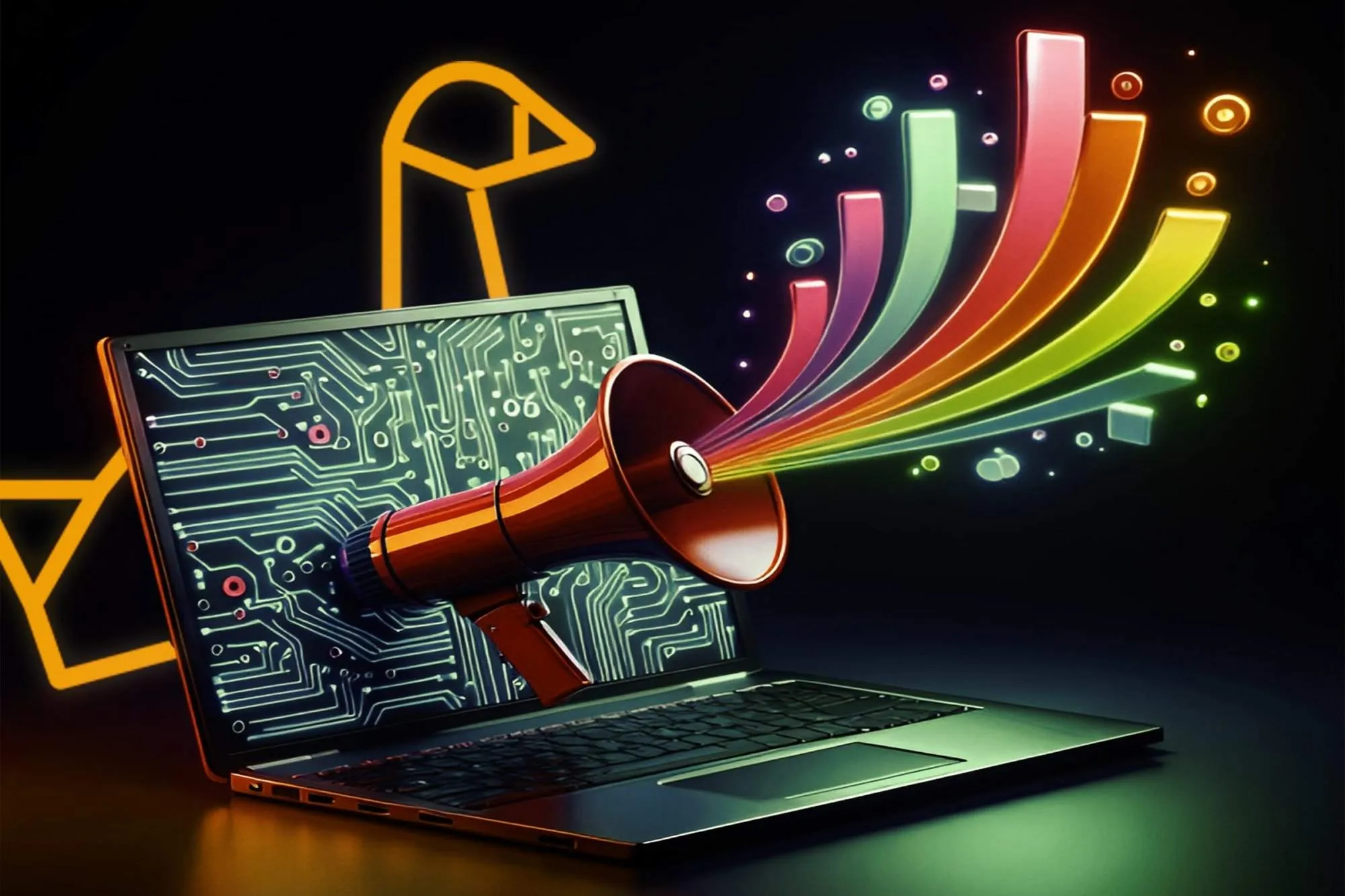 A laptop emitting vibrant digital marketing graphics from a megaphone.