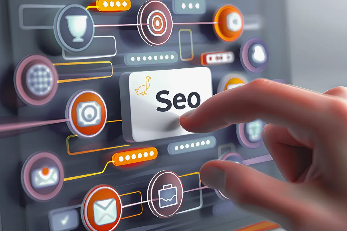 Hand pressing SEO button on digital screen
