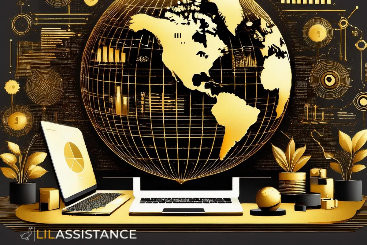 Golden globe with business charts and laptop