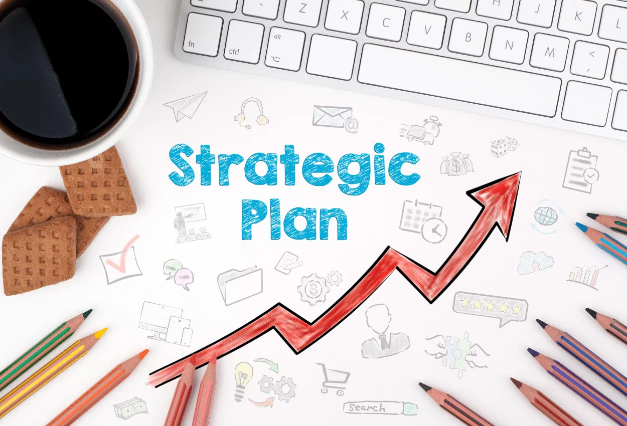 Strategic plan illustration with upward arrow, coffee, cookies, and pencils